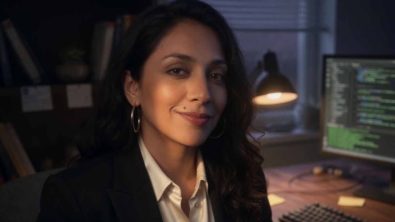 Obey Veronica at a night desk in a black blazer